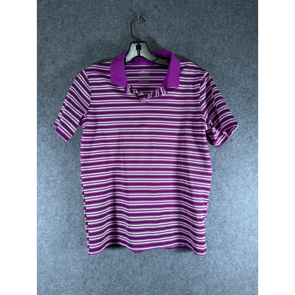 Nike Dri‎ Fit Women's Sze Medium Standard Fit Striped Polo Shirt Purple Active